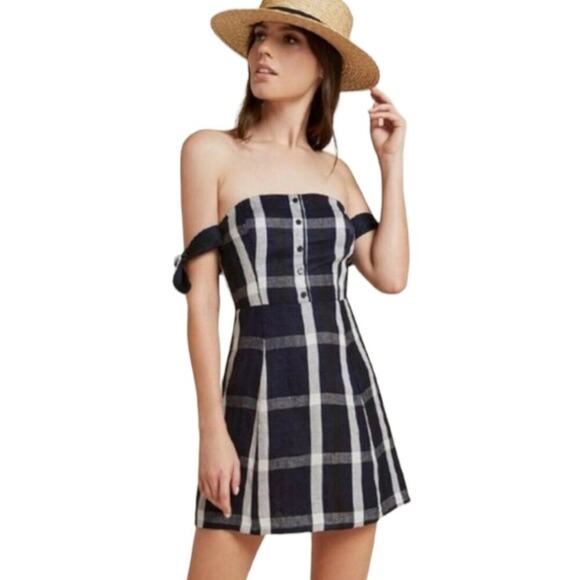 Reformation Linen Mini Dress Plaid Tie Off The Shoulder Arnaut Summer Dress - Picture 1 of 14